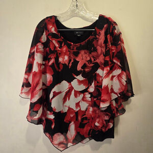Women's AB STUDIO Black Red Floral Flowy Blouse XL Chiffon Bold Romantic